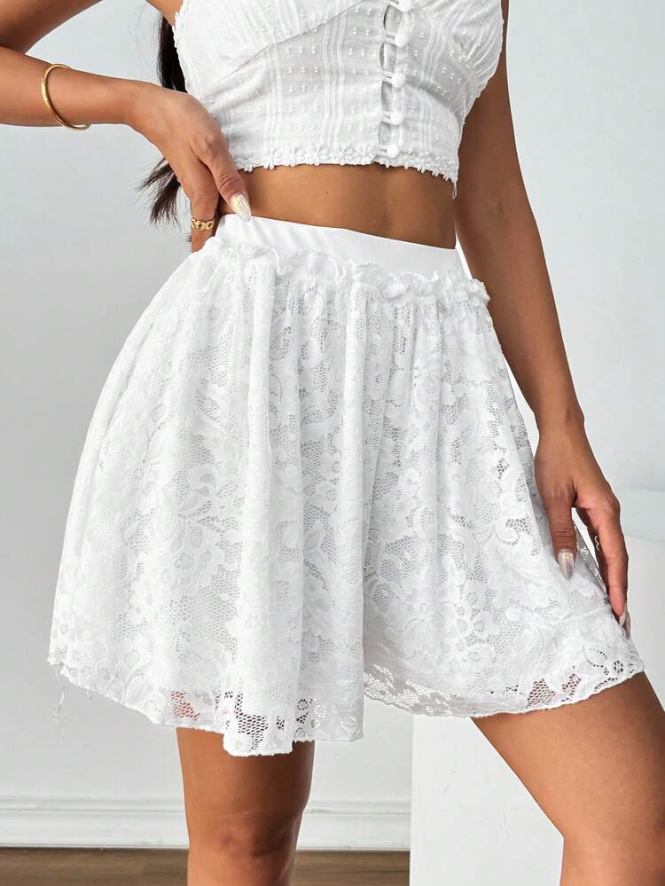 Women's Summer Solid Color Lace Wide Leg Shorts, Ruffle Shorts. Suitable For Graduation Season. Carnival Costumes. Concerts