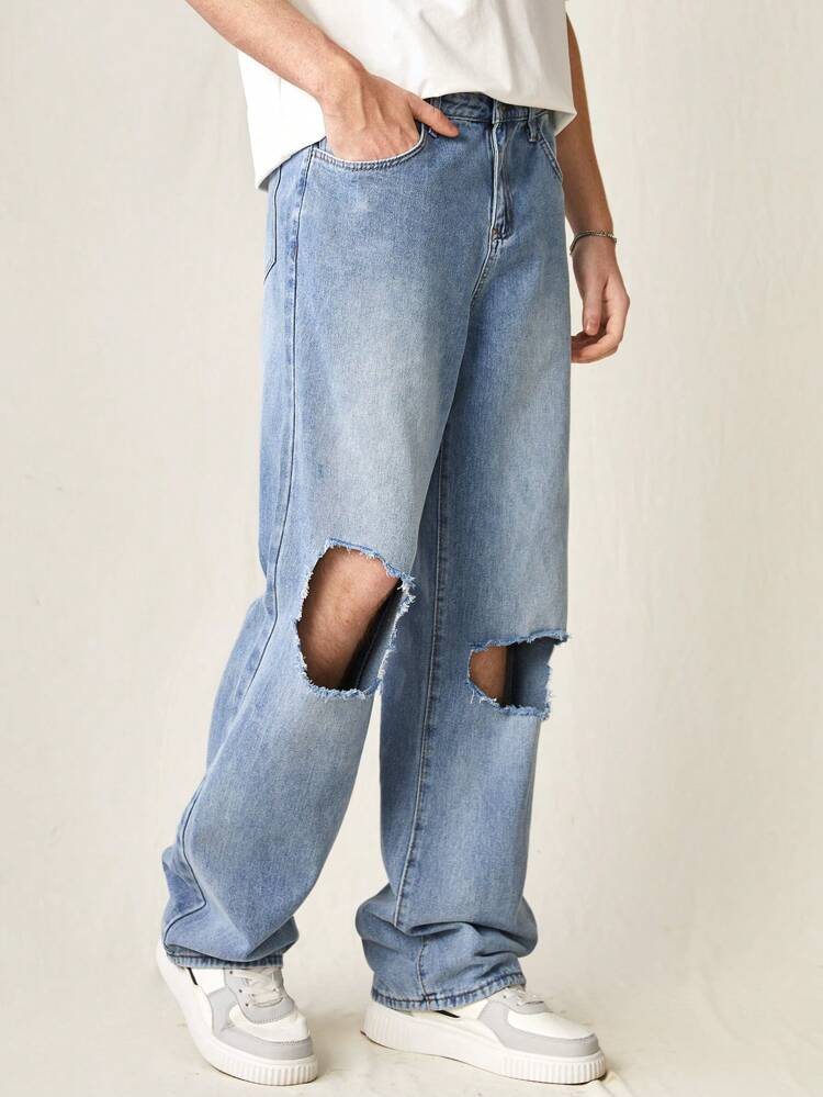 Men's Fashionable Distressed Loose Straight-Leg Jeans