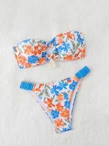 Swim Lushoire Conjunto de bikini sexy con estampado floral y escote halter para mujer en verano