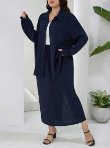 Mulvari Plus Size Solid Color Long Sleeve Button-Down Shirt And Knee-Length Skirt Set