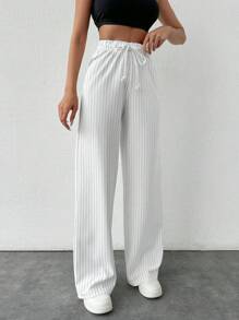 EURMUSE Women's Casual Drawstring Waist Striped Color Block Straight Pants - White - View 5