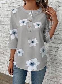 SHEIN LUNE 女款圓領單排釦卷袖休閒花卉印花衫 - 灰色 - 查看 3