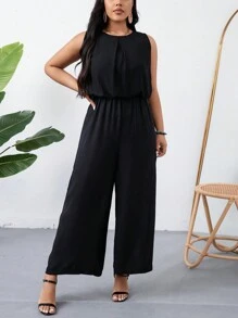SHEIN LUNE Plus Size Black Sleeveless Jumpsuit With 2 In 1 Design For Summer Casual Outfits - Black - View 5