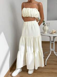 Chiquease Conjunto de top de tirantes de unicolor y falda texturizada de moda para mujer - Albaricoque - Ver 4