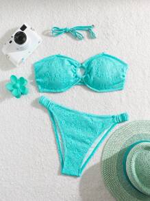 SHEIN Swim Women's Solid Color Halter Hollow Out Sexy Bikini Set For Vacation, 2 Pieces Summer