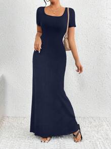 SHEIN Clasi Elegant Solid Color Simple Daily Dress For Women - Navy Blue - View 6