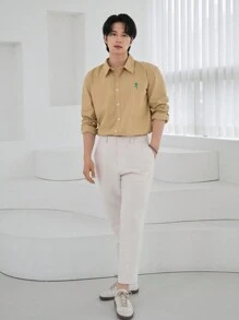 DAZY Men's Simple Embroidered Shirt For Daily Wear, Spring Autumn Long Sleeve Men Shirt Business Attire