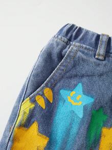 SHEIN Jean ample décontracté de couleur imprimé étoile pour garçon jeune, sac leger, à la mode pour quotidien et été, vêtements d'été mignons pour l'école - Bleu azur - Voir 9