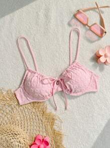 Swim Mod 2025 Floral Jacquard Front-Tie Sexy Spaghetti Strap Bikini Top For Women, Beach Holiday Top Pink Summer