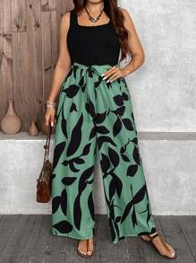 SHEIN LUNE Plus Size Women Random Printed Simple Daily Jumpsuit, Summer - Green - View 1