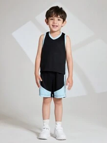 Young Boys' V-Neck Contrast Trim Tank Top And Shorts Summer Sports Outfits - Black - View 1