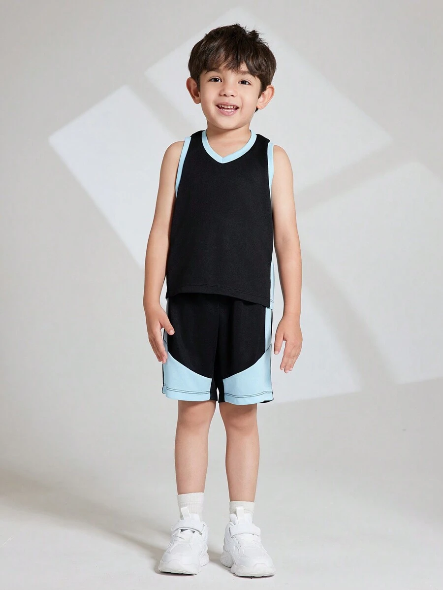 Young Boys' V-Neck Contrast Trim Tank Top And Shorts Summer Sports Outfits - Black - View 1