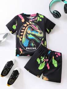 SHEIN Conjunto De 2 Piezas Para Niños, Camiseta Luminosa Corta De Color Brillante De Manga Corta Para El Verano - Negro - Ver 1