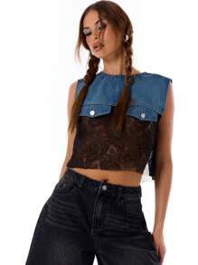 MUSERA Summer Fashion Contrast Lace Cropped Tank Top Festival Boho Holiday Spring - Multicolor - View 3