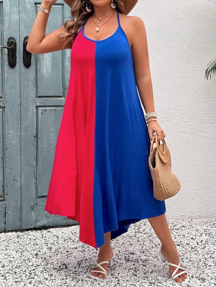 Plus Size Vacation Patchwork Halter Dress