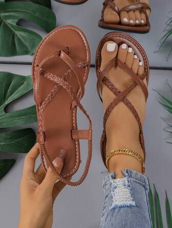 Women's Woven Flat Sandals, Flip Flops With Non-Slip Soles, Solid Color Toe Ring Slippers, Ideal For Outdoor And Indoor Activities