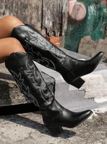 2025秋冬新款时尚尖头粗跟刺绣西部牛仔靴