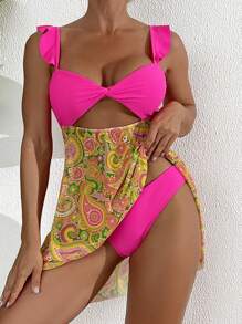 SHEIN Swim 女士海滩度假撞色流苏印花拼接镂空细肩带泳衣夏季 - 彩色 - 查看 1