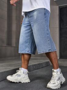 Manfinity Homme Quần short denim thường ngày đơn giản màu trơn cho nam, dành cho mùa hè - Rửa nhẹ - Xem 4