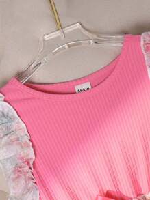 SHEIN Young Girl Gorgeous Style Flower Pattern Ruffle Trim Dress - Pink - View 6