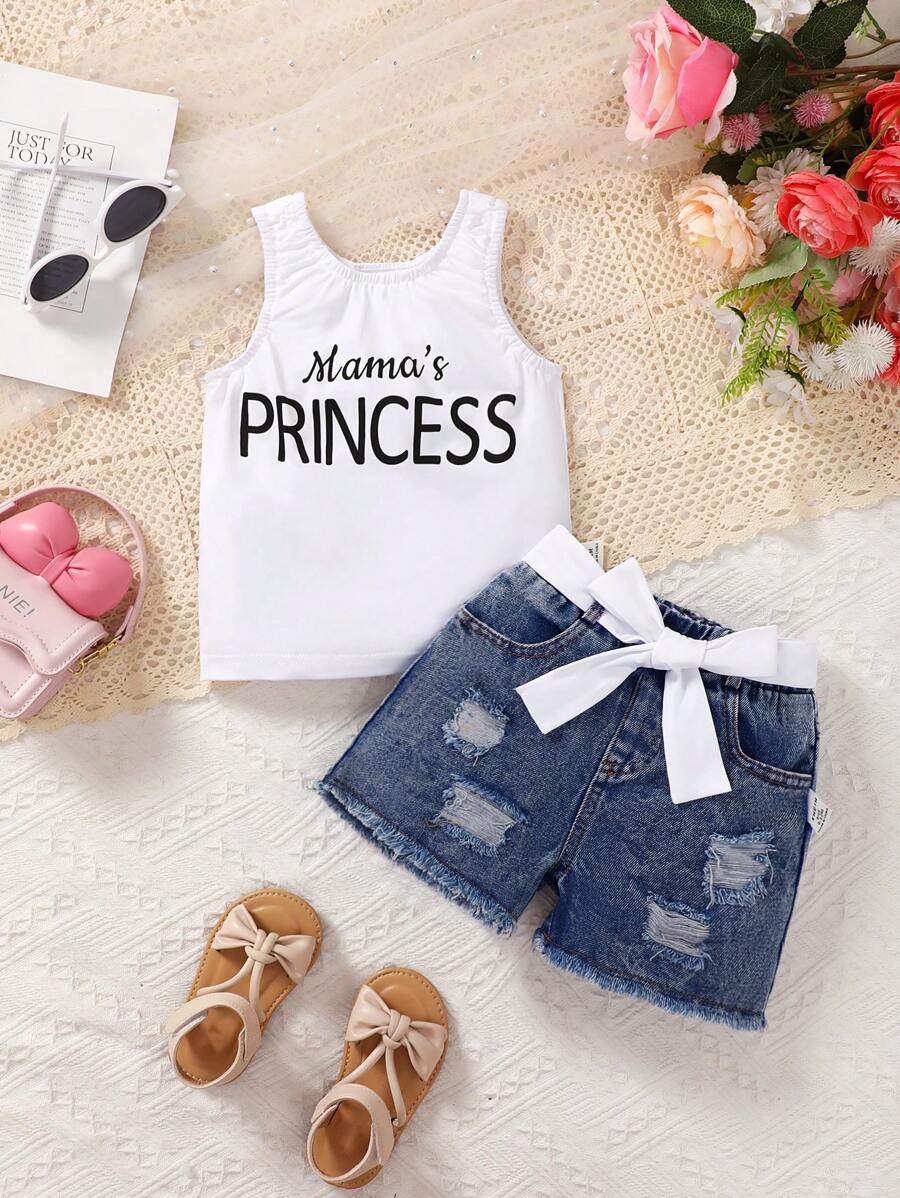 SHEIN Baby Girl Casual Cute Letter Printed Top & Distressed Denim Shorts