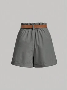 SHEIN MOD Slant Pocket Belted Khaki Straight Shorts With Free Belt - Grey - View 2