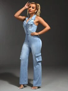 SHEIN SXY Mono de peto de mezclilla sin mangas para Mujer con botones y bolsillos en verano