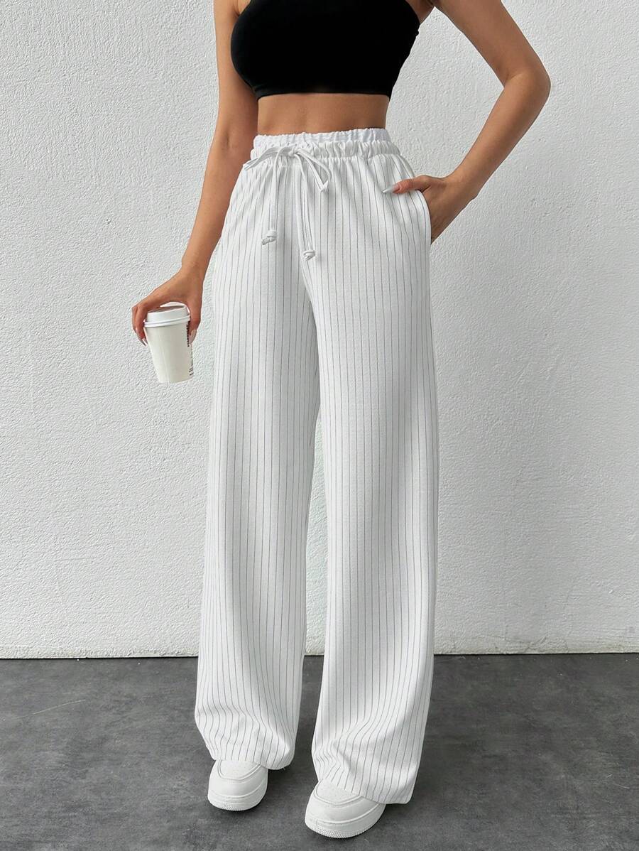 EURMUSE Women's Casual Drawstring Waist Striped Color Block Straight Pants - White - View 1