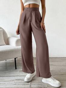 SHEIN Unity 女士純色寬腿百褶寬鬆休閒日常工作長褲 - 駝色 - 查看 3