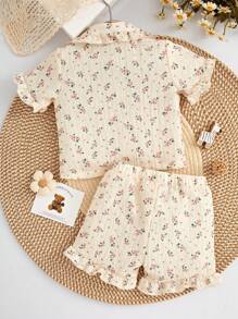 Baby Girl Apricot Simple Flower Print Shorts And Short Sleeve Loose Casual Homewear Set