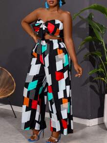 SHEIN Holidaya Conjunto de top bandeau y pantalón estampado de colores para mujeres de talla grande - Negro - Ver 3