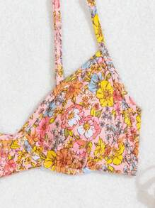 SHEIN Swim 女士花卉印花露背三角比基尼套装、度假比基尼套装、夏季海滩