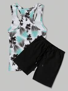 Conjunto de pantalones cortos y camiseta de tirantes para hombre con estampado de hojas para usar a diario en primavera y verano. - Multicolor - Ver 2