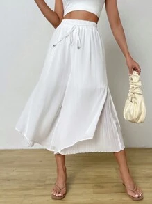 SHEIN Essnce Pantalones de palazzo plisados de cintura alta de gasa para mujer con aberturas laterales, adecuados para el palacio - Blanco - Ver 3