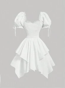 SHEIN MOD White Palace Golden Fish Tail Hem Váy phồng nhiều lớp phong cách công chúa - trắng - Xem 2