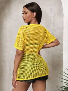 Slaydiva Music Festival Black Versatile Sexy Casual Loose Mesh Crochet Women's Short Sleeved T-Shirt Top - Yellow - View 2