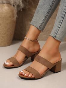 新款女士金色圆头粗跟高跟穆勒鞋，百搭款式，春夏穿搭之选 - 棕色 - 查看 6