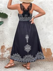 SHEIN VCAY Plus Size Retro Printed Black Butterfly Splicing Dress With Straps, Perfect For Vacation - Black - View 1