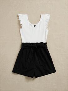 SHEIN Frenchy 女士夏日針織拼接短袖休閒連身褲，搭配編織短褲 - 黑與白 - 查看 4