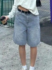Quần short denim Bermuda dáng rộng thoải mái hàng ngày mùa hè, màu xanh nhạt - Rửa nhẹ - Xem 6