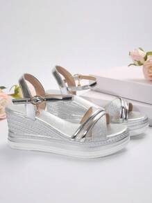 欧美风大码女式交叉趾露趾坡跟厚底闪亮绑带轻便凉鞋，夏季休闲穿着及海滩漫步的理想之选，旅行必备单品 - 銀色 - 查看 5