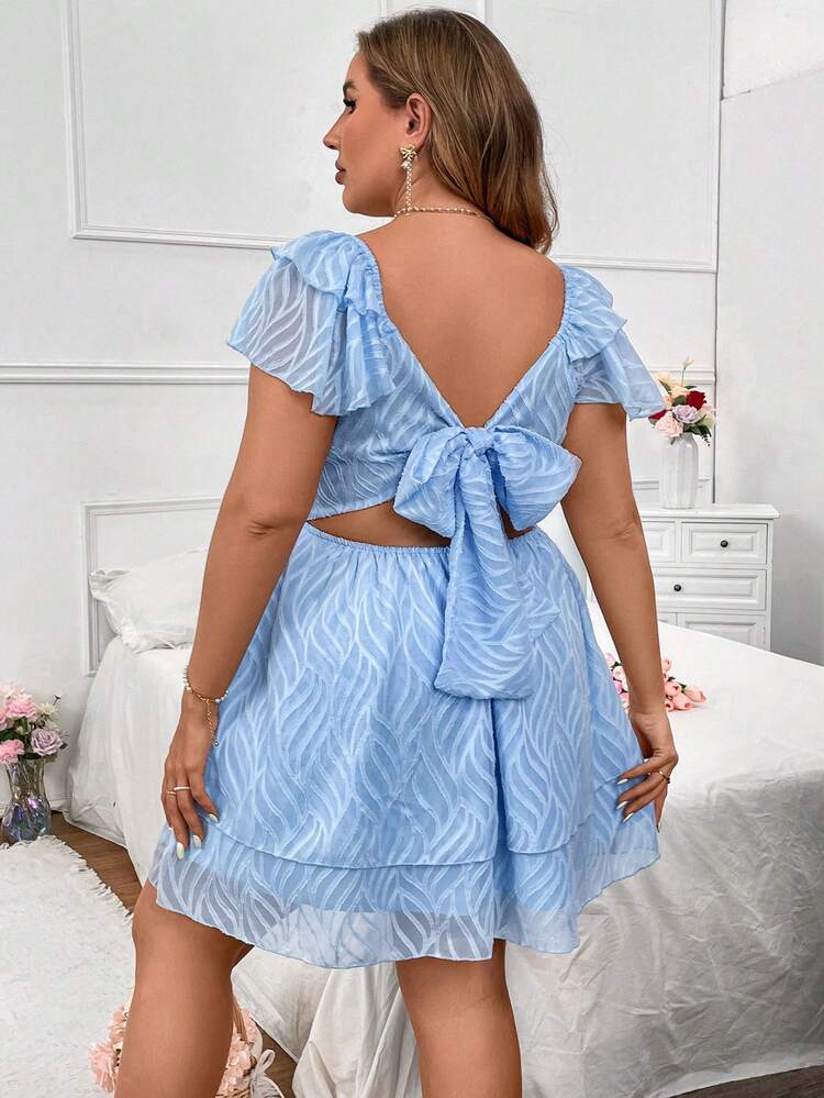 Chiffon Double-Layer Hem Design Plus Size Dress With Cutout Floral Pattern And Bow Tie