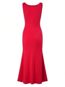 Zolique Vestido de moda para mujer con tirantes espagueti y dobladillo dividido de unicolor - Rojo - Ver 2
