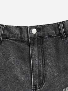 SHEIN ICON Plus Size Denim Shorts With Fringe And Distressed Details - Black - View 5