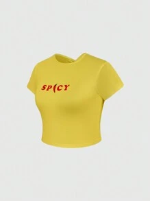 INAWLY Women's Summer Letter Printed Round Neck Crop Sleeve Cropped Casual T-Shirt Graphic Tees Women Tops - Yellow - View 4