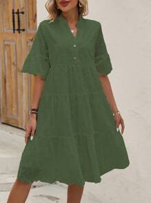 SHEIN LUNE Vestido de playa con cuello de solapa, mangas cortas y tejido con efecto de quemado, con botonadura simple y unicolor para mujer