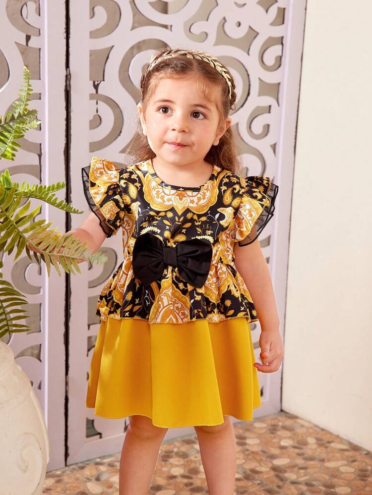 Baby Girls' Spring Summer New Paisley Print Cap Sleeve Dress With Bow, Cute Elegant Gorgeous Daily Casual Dress