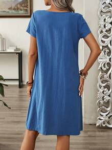 EMERY ROSE Women's Summer Pleated Short Sleeve Casual Dress Linen Dress