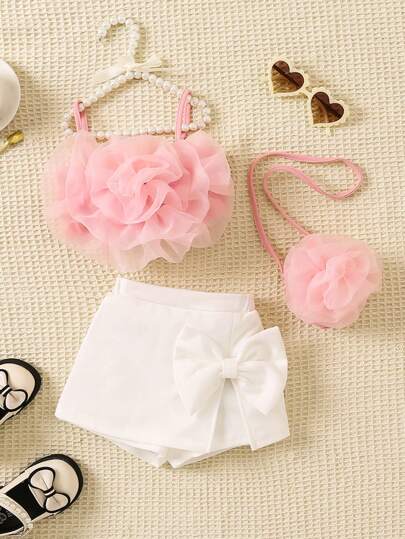 SHEIN 3pcs/Set Baby Girl Cute & Elegant Pink Floral Top With Crossbody Bag And Fun Print, For Spring/Summer Daily Leisure