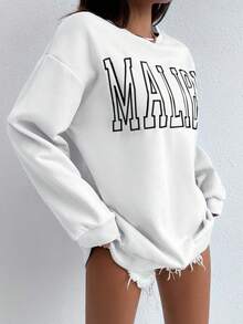 RueChic Letter Embroidery Round Neck Drop Shoulder Sweatshirt - White - View 5